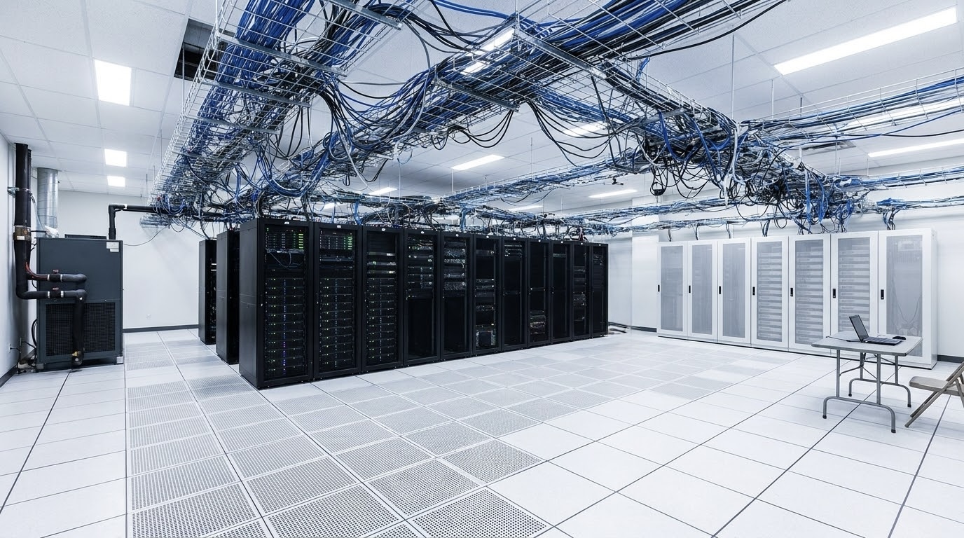 Data center server room with raised white floor and rows of black server racks