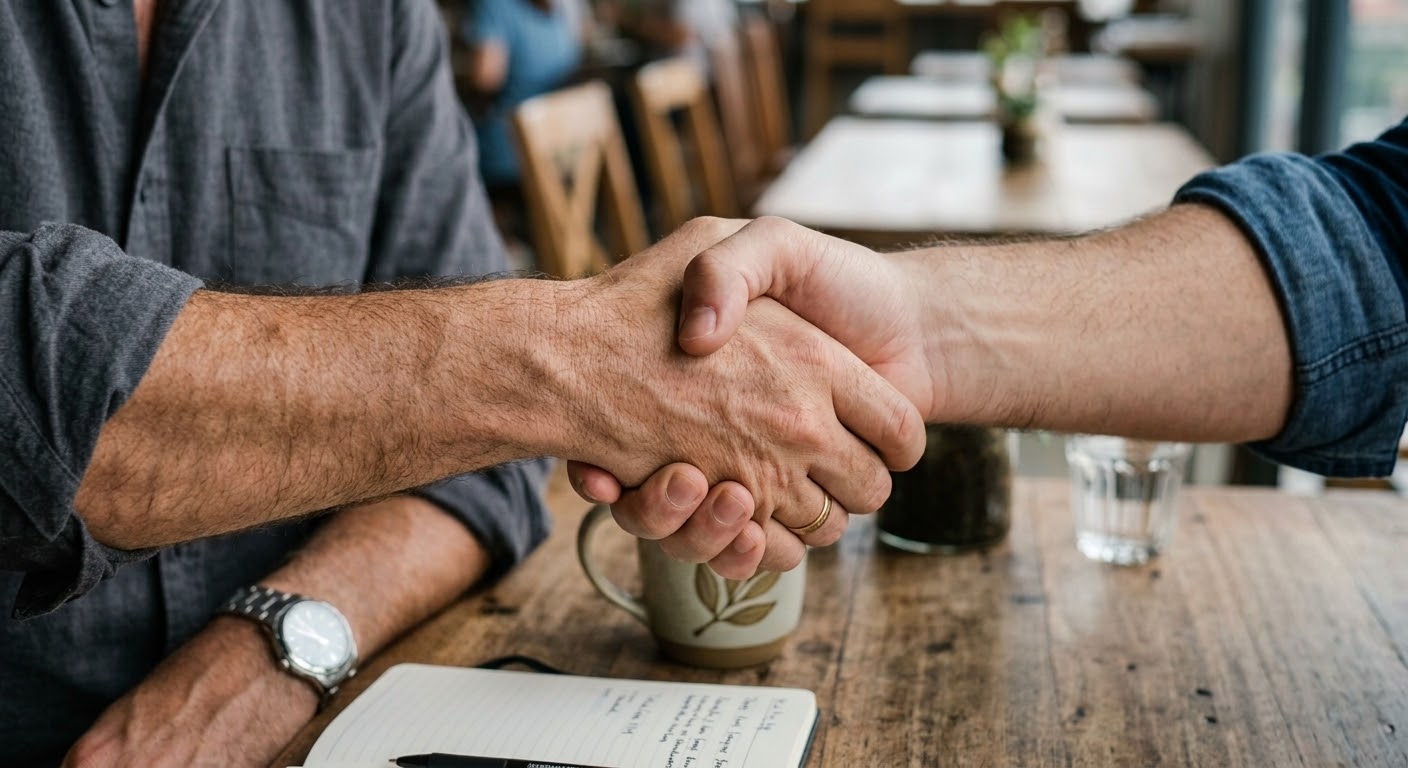 Two hands reaching toward each other in a handshake
